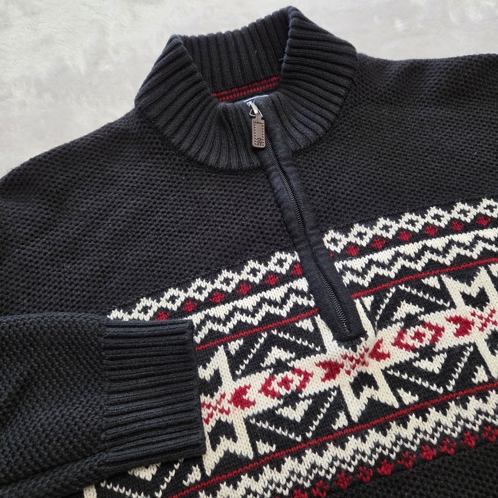 IZOD Mens XXL Black Fair Isle Quarter Zip Mock Neck Cotton Knit Sweater Pullover